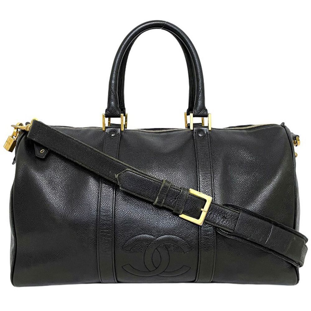 Chanel Boston Bag Black Gold Caviarskin Leather 2way Bag Shoulder Bag